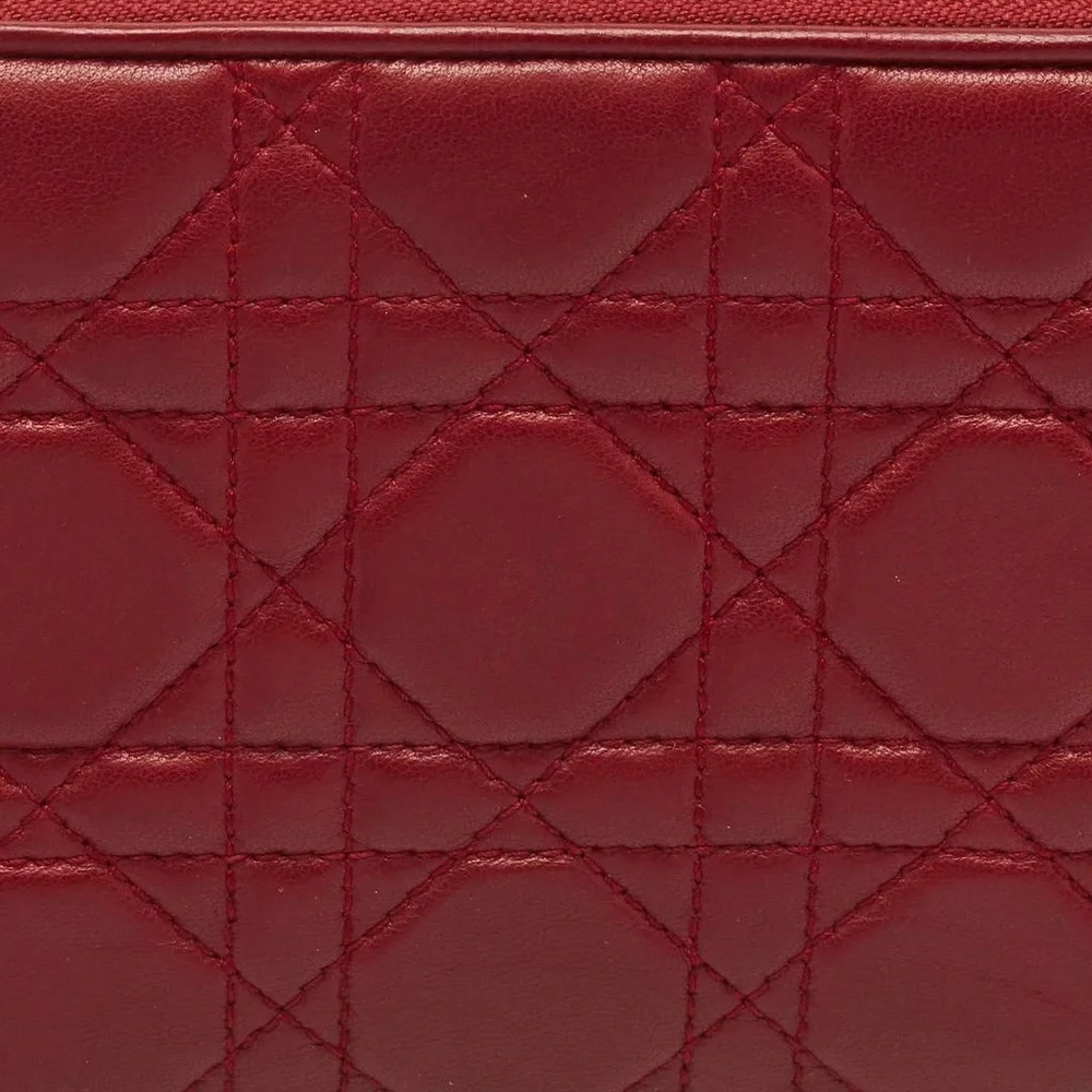 Christian Dior Voyageur Cannage Quilted Lady Dior Leather Zip Long Wallet in Red